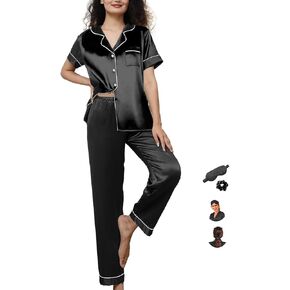 Womens Pajamas Set XS-4XL Silk Satin Pajama Sets Short Pj Sets Button Down Pjs Set Loungewear Sleepwear