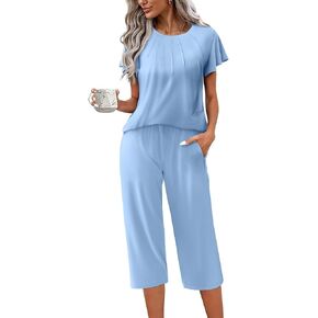 ekouaer capri pajamas مجموعة غلاف الكشكشة للسيدات و pants capri soft sleepwear oungewear مع جيوب
