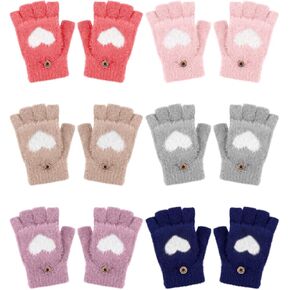 6 Pair Women Fingerless Gloves Convertible Flip Top Gloves Heart Winter Warm Half Finger Mitten for Women Men
