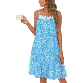 SWOMOG 100% Cotton Nightgowns for Women Lace Sleeveless Sleep Dress Victorian Sleepshirt Button Strap Night Gown