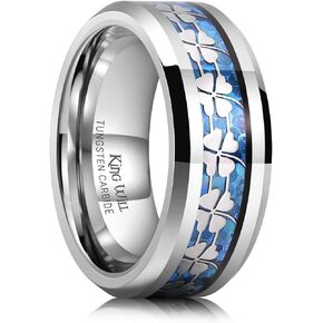 King Will 8mm Tungsten Clover Wedding Band for Men Gunmetal Ring Shell مطلي بأربعة أوراق البرسيم البطلية عالية البولندية حلقات الخطبة حلقات الراحة مناسبة الحجم 7-14