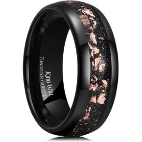 King Will Mens 8mm Tungsten Carbide Wedding Band Rose Gold/Silver Foils Inlay - Black Engagement Ring for Couples, Promise Ring for Women, Domed Polished, Comfort Fit, Size 7-12, Jewelry Box Included
