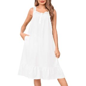 SWOMOG Women's Cotton Nightgowns Sleeveless Night Gown Victorian Lace Trim Sleepwear Soft Long Nightdress with Pockets