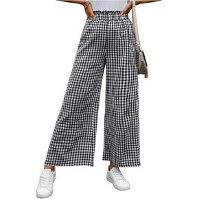 MakeMeChic Women's Gingham Palazzo Long Pants Elastic Waist Wide Leg Frill Trim Straight Loose Trousers