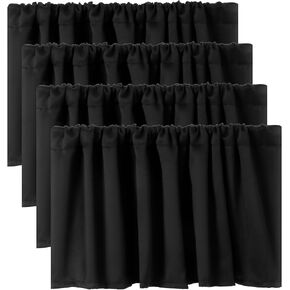 4 Panels Black Curtain Valances for Kitchen Windows Kitchen Short Curtain Toppers Valance Tier Window Valances Solid Thermal Insulated Blackout Rod Pocket for Bathroom Living Room, 52 x 18 Inch