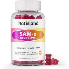 SAM-e with L-Tyrosine Gummies, Methylated Vitamin B-Complex & NAC, 1200mg SAM e Supplement, Methyl Folate and B12, for Stress Relief & Brain Support, Liver & Joint Health, Gluten-Free, Vegan, 60 Ct