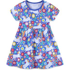 BeiVSlley Baby Girls Cotton Dress - Short Sleeve Toddler Summer Dresses, Kids Comfy Twirl A-Line Sundress for 2-7T