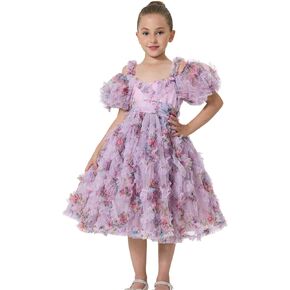2Bunnies Girls' Tiered 3D Floral Ruffled Tulle Off Shoulder Puff Sleeve Sweetheart Neckline Dress