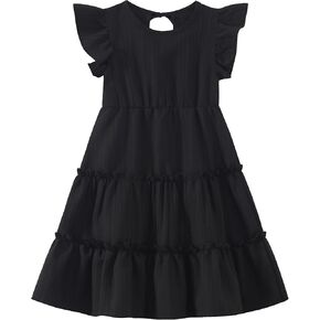 Girls Summer Dresses Tiered Crinkle Flowy Ruffle Sleeve A-Line Swing Backless Bow Lace-up Dress Size 4-12 Years