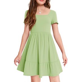 Haloumoning Girls Dresses Kids Summer Short Sleeve Square Neck Dress with Side Pockets 5-14 Years