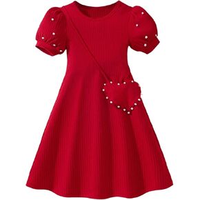 Girl's Pearls Dress Crewneck Puff Sleeve A Line Flared Dresses