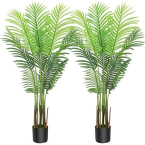 6FT Tall Artificial Plants Indoor, Fake Palm Tree Decor with 15 Trunks and Real Bark Design, Fake Palm Tree Decor with Real Touch Adjustable Leaves for Home Garden Outdoor Office Decor, 2 Pack