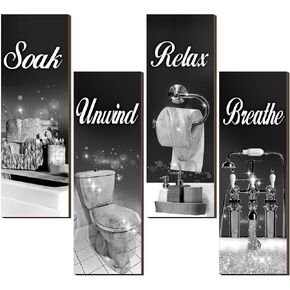 Honoson 4 Pcs Bathroom Decor Wall Art Farmhouse Bathroom Pictures Wall Decor Soak Unwind Relax Breathe Wood Hanging Sign for Home Spa Laundry (Black Turquoise,11.8 x 3.9 Inch)