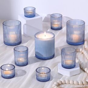 9Pcs Assorted Blue Votive Candle Holders Ribbed Tea Light Candle Holder Glass Blue Candle Holders for Bridal Shower, Wedding Table Centerpiece, Party Home Decoration