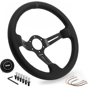 DND Performance Interior's Leather Race Steering Wheel / 350mm Diameter and 75mm Depth / 6x70mm Bolt Pattern/DND Leather Steering Wheel with Horn Button Included (Colored Stitching) (Purple)