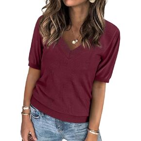 ATHMILE Short Sleeve V Neck Sweaters Dressy Casual Blouses Lightweight Thin Knit Fashion Shirts Summer Tops for Women