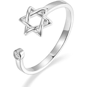Star of David Zircon Ring for Women, Simple Magen David Wiccan Amulet, Hexagram Adjustable Rings Jewish Jewelry