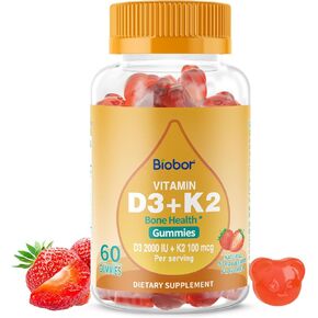 فيتامين D3 K2 الطبيعي ، 2000 IU فيتامين D3 و 100 MCG فيتامين K2 ، يدعم العظام الصحية ، مكمل صحة المناعة ، خالية من الكائنات المعدلة وراثيا ، خالية من الغلوتين (الفراولة ، 60 عدد)