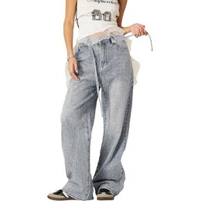 Aelfric Eden Womens Rhinestone Jeans Y2K Wide Leg Pants Unisex Loose Oversized Trousers Casual Baggy Streetwear Denim Pants