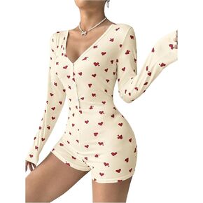 WDIRARA Women's Heart Print Romper V Neck Long Sleeve Button Front Shorts Sexy Onesie Pajama Bodycon Overall