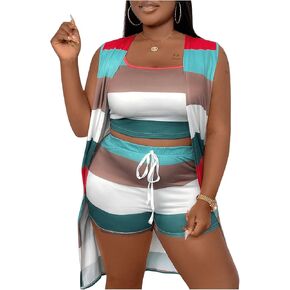 Shenhe Women's Plus Size 3 قطع 3 قطع ملون حاجز الخزان مخطط أعلى وسراويل القصيرة مع كارديجان