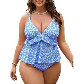 Verdusa Women's Plus Size Floral Boho Tankini Set Ruffle Bikini Swimsuit Bathing Suit