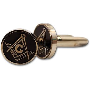 Square & Compass Round Masonic Cuff Link Pair - [Silver & Black][5/8'' Diameter]