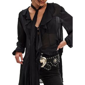 Seyumixi Women Long Bell Sleeve Frill Top See Through Sheer Mesh Blouse High Low Hem Ruffled Sexy Flowy Tops Shawl Shirt