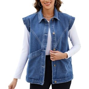 Ladyful Womens Oversized Denim Vest Long Jean Vest Top Utility Button Down Sleeveless Jean Jacket with Pockets