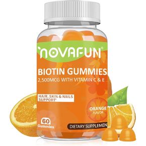 Vegan Biotin-Gummies for Hair, Skin & Nails, 2500 mcg Biotin with Vitamins C & E, for Women, Men & Kids, Gluten Free, Orange Flavor, 60 Gummies