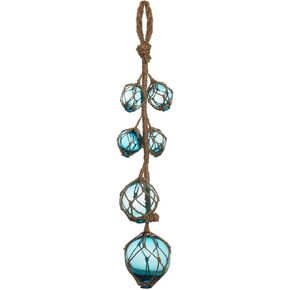 Glass Fishing Floats | Aqua Japanese Glass Floats Strand 2"-4" | Nautical Rope Ball | Strand of 6 | Nautical Themed Wall Decor | Beach House Decor | Glass Buoys for Decoration & Ocean Room Decor