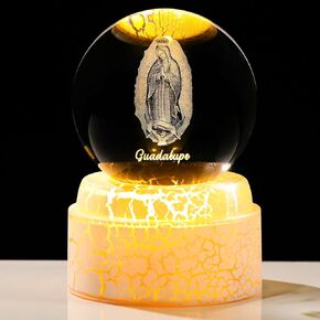 Enjinkail 3D Virgen De Guadalupe Statue Crystal Ball with LED Rotating Base & Gift Box, 3.15" Religious Gifts for Women Men Catholics Home Decor for Holiday Christians (Our Lady of Guadalupe)