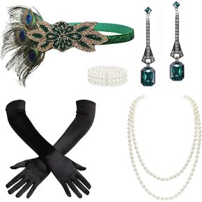 BABEYOND 1920s Accessories for Women - Flapper Headpiece Great Gatsby Accessories for Women Pearl Bracelet Necklace Gloves