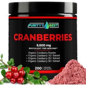 Purity’s Best Cranberries Organic Cranberry 50x Extract 8,700 Mg Equivalent Per Capsule, Effective UTI Support, Detoxifying, 100% Vegetarian, Standarized, 200 Veggie Caps Made in USA