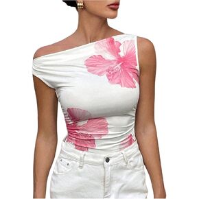 Milumia Women's Floral Bodysuit Asymmetrical Neck Sleeveless Leotards Tank Top