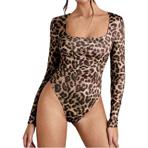Wdirara Women's Leopard Print Long Sleeve Bodysuit Ruched Square Deving Tops Tops