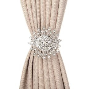 SUQ I OME Luxury Big Crystal Magnetic Curtain Tieback Flower Curtain Clips Buckle with Stretchy Wire Rope for Home Office Decoration(Silver C,2PCS)
