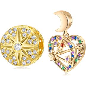 مجموعة Gemdazz من 2 Gold Charm My Lucky Star Charms و Cupid's Arrow Heart Pendant في 925 Sterling Silver ، سوار DIY Fit ، هدية لـ Valentines Day