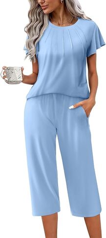Ekouaer Capri Pajamas Set Women's Ruffle Sleeve Top and Capri Pants Soft Sleepwear Loungewear with Pockets in Saudi Arabia
