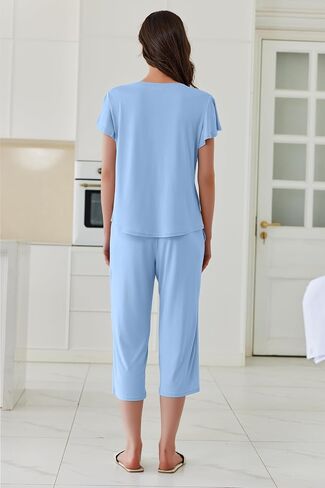 Ekouaer Capri Pajamas Set Women's Ruffle Sleeve Top and Capri Pants Soft Sleepwear Loungewear with Pockets in Saudi Arabia