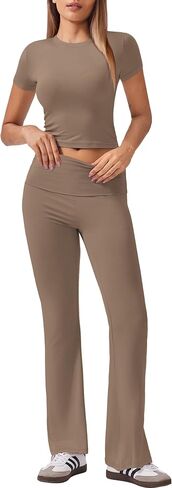 Ekouaer Women's Lounge Sets 2 Piece Outfits Short Sleeve Crops Fold-Over Flare Pants Loungewear Sweatsuit Skim Sets in Saudi Arabia