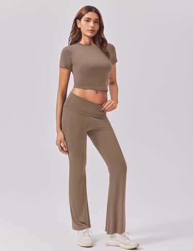 Ekouaer Women's Lounge Sets 2 Piece Outfits Short Sleeve Crops Fold-Over Flare Pants Loungewear Sweatsuit Skim Sets in Saudi Arabia