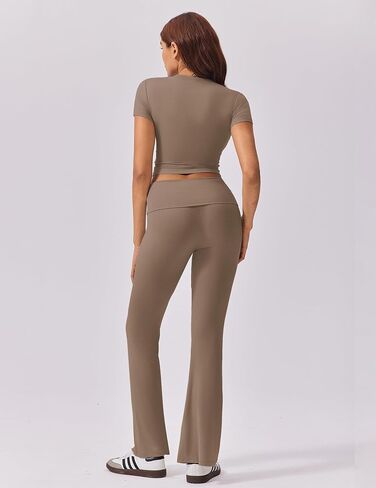 Ekouaer Women's Lounge Sets 2 Piece Outfits Short Sleeve Crops Fold-Over Flare Pants Loungewear Sweatsuit Skim Sets in Saudi Arabia