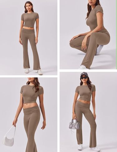 Ekouaer Women's Lounge Sets 2 Piece Outfits Short Sleeve Crops Fold-Over Flare Pants Loungewear Sweatsuit Skim Sets in Saudi Arabia