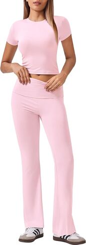 Ekouaer Women's Lounge Sets 2 Piece Outfits Short Sleeve Crops Fold-Over Flare Pants Loungewear Sweatsuit Skim Sets in Saudi Arabia