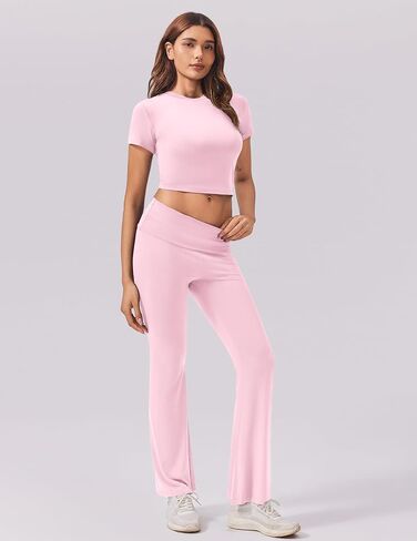Ekouaer Women's Lounge Sets 2 Piece Outfits Short Sleeve Crops Fold-Over Flare Pants Loungewear Sweatsuit Skim Sets in Saudi Arabia