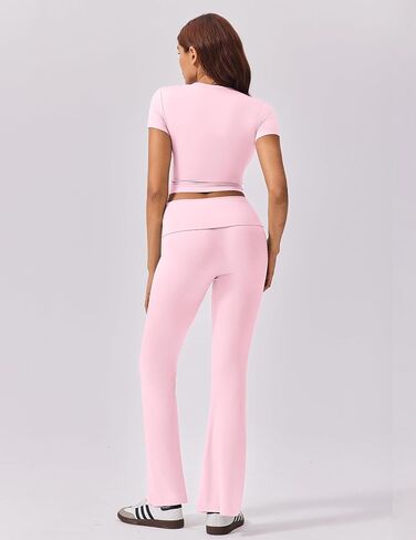 Ekouaer Women's Lounge Sets 2 Piece Outfits Short Sleeve Crops Fold-Over Flare Pants Loungewear Sweatsuit Skim Sets in Saudi Arabia