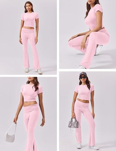 Ekouaer Women's Lounge Sets 2 Piece Outfits Short Sleeve Crops Fold-Over Flare Pants Loungewear Sweatsuit Skim Sets in Saudi Arabia