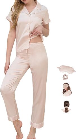 Womens Pajamas Set XS-4XL Silk Satin Pajama Sets Short Pj Sets Button Down Pjs Set Loungewear Sleepwear in Saudi Arabia