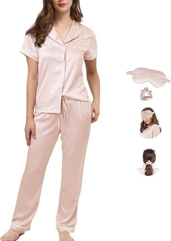 Womens Pajamas Set XS-4XL Silk Satin Pajama Sets Short Pj Sets Button Down Pjs Set Loungewear Sleepwear in Saudi Arabia